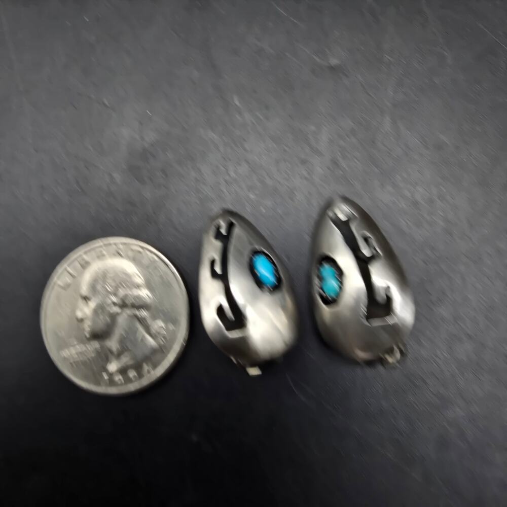 Vintage Sterling Silver Turquoise Clip On Earrings Tear Drop - Picture 3 of 8